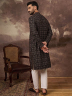 Men Black Viscose Rayon Ethnic Motifs Embroidered Straight Kurta With Pant Set-MKSET1405