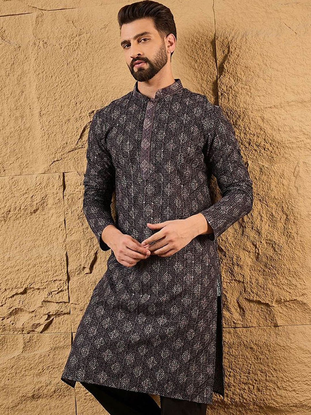 Mens Grey Viscose Rayon Ethnic Motifs Embroidered Chikankari Straight Kurta With Pant Set-MKSET1165