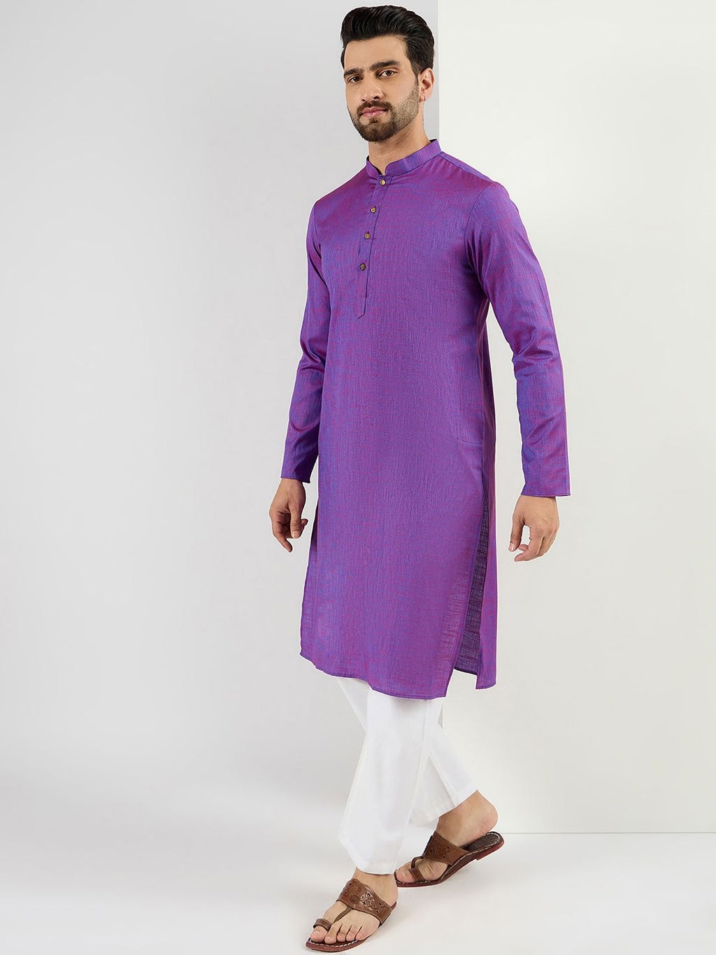 Men Purple Cotton Solid Woven Design Straight Kurta With Pant Set-MKSET1099