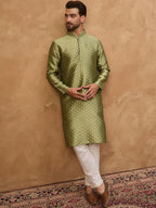 Men Green Silk Blend Solid Woven Design Straight Kurta With Pant Set-MKSET1456