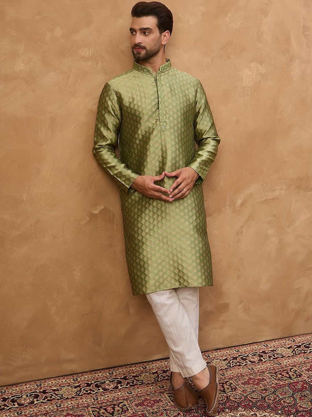 Men Green Silk Blend Solid Woven Design Straight Kurta With Pant Set-MKSET1456