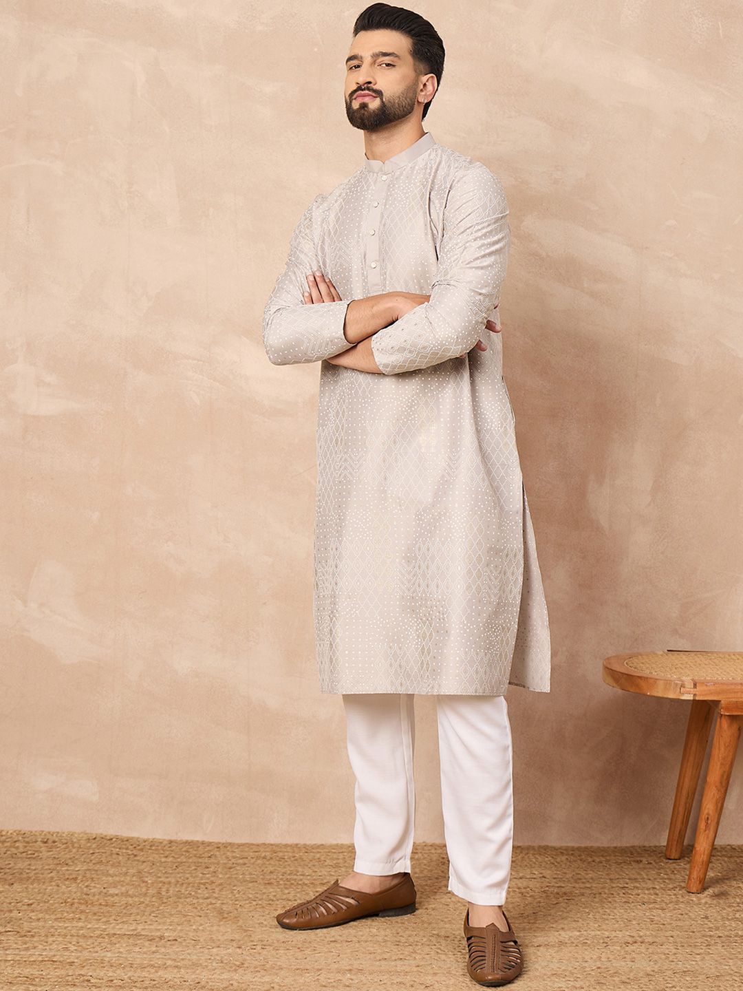Men Grey Silk Geometric Printed Straight Kurta With Pant Set-MKSET1272