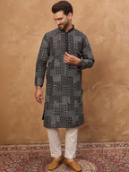 Men Black Silk Blend Geometric Printed Straight Kurta With Pant Set-MKSET1528