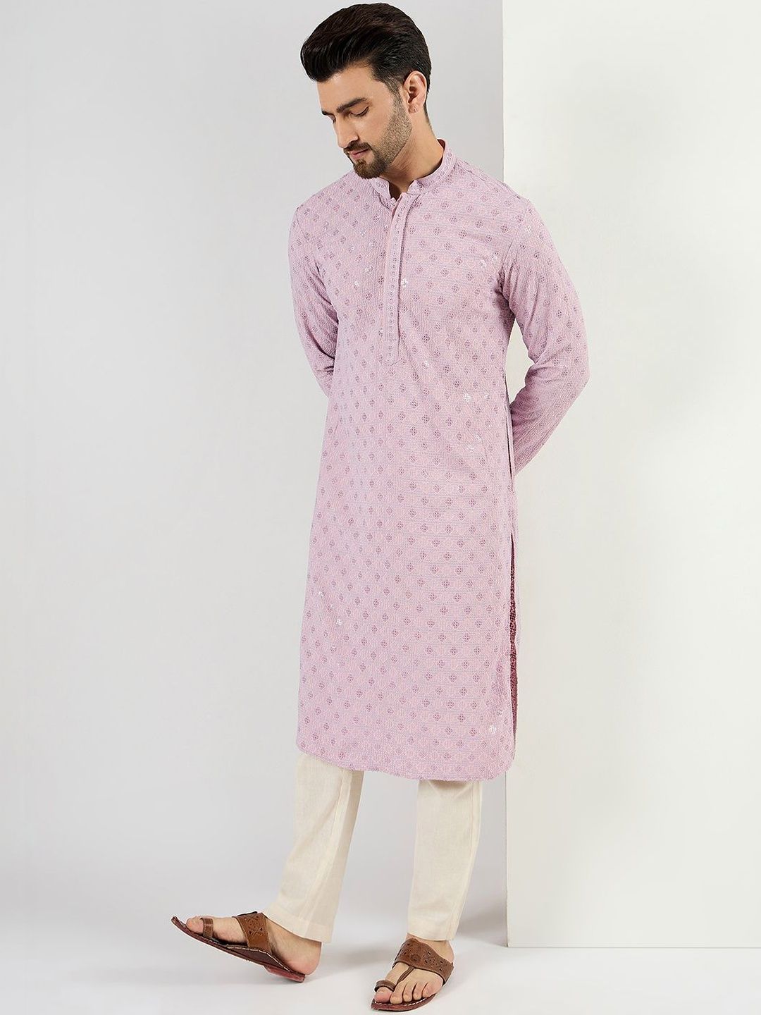 Men Purple Viscose Rayon Solid Embroidered Straight Kurta With Pant Set-MKSET1061