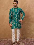 Men Blue Viscose Rayon Ikat Printed Straight Kurta With Pant Set-MKSET1546