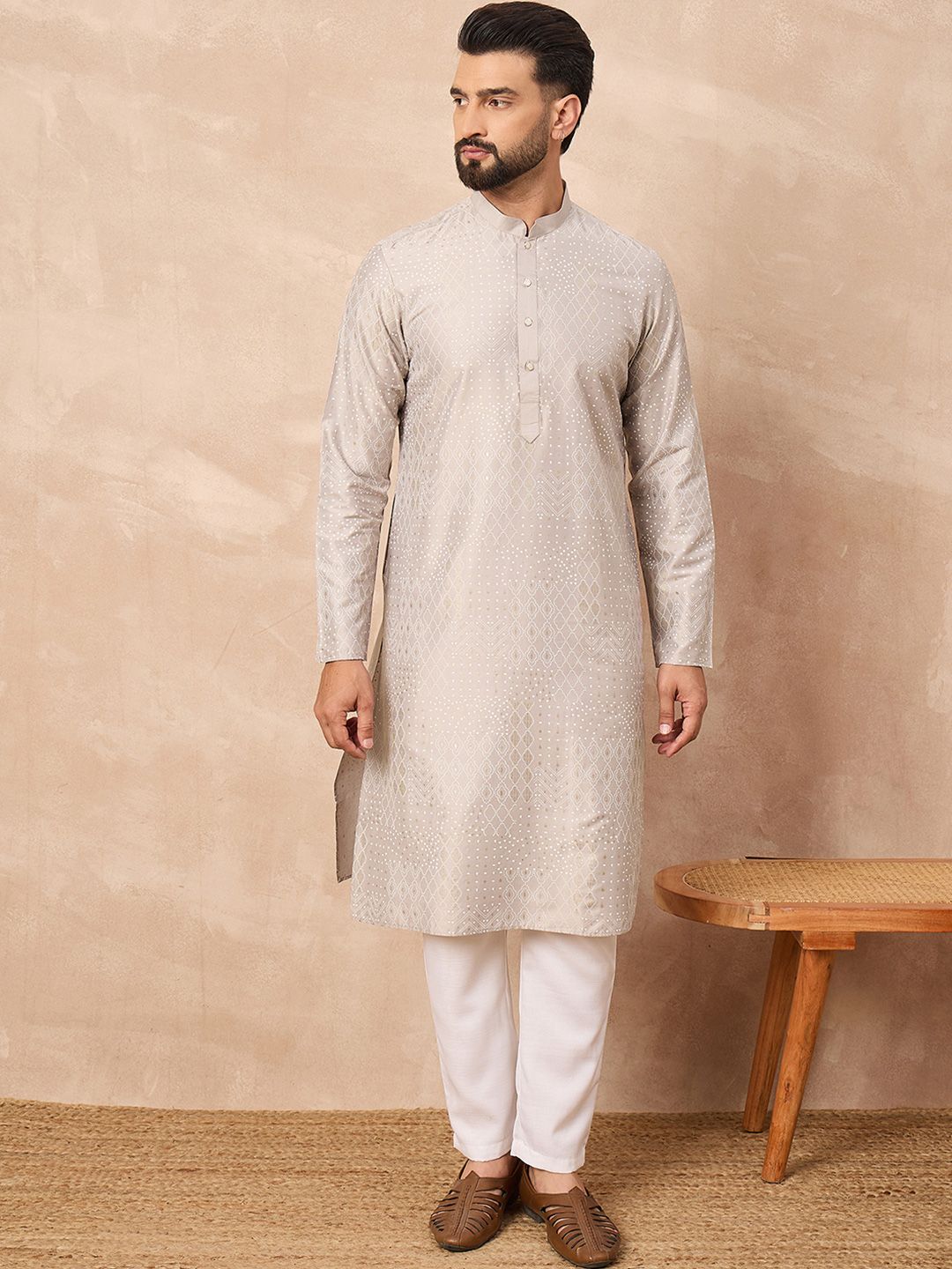Men Grey Silk Geometric Printed Straight Kurta With Pant Set-MKSET1272