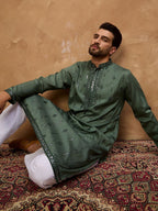 Men Green Silk Blend Geometric Embroidered Straight Kurta With Pant Set-MKSET1517