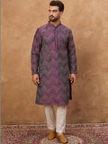 Men Purple Silk Blend Geometric Printed Straight Kurta With Pant Set-MKSET1521