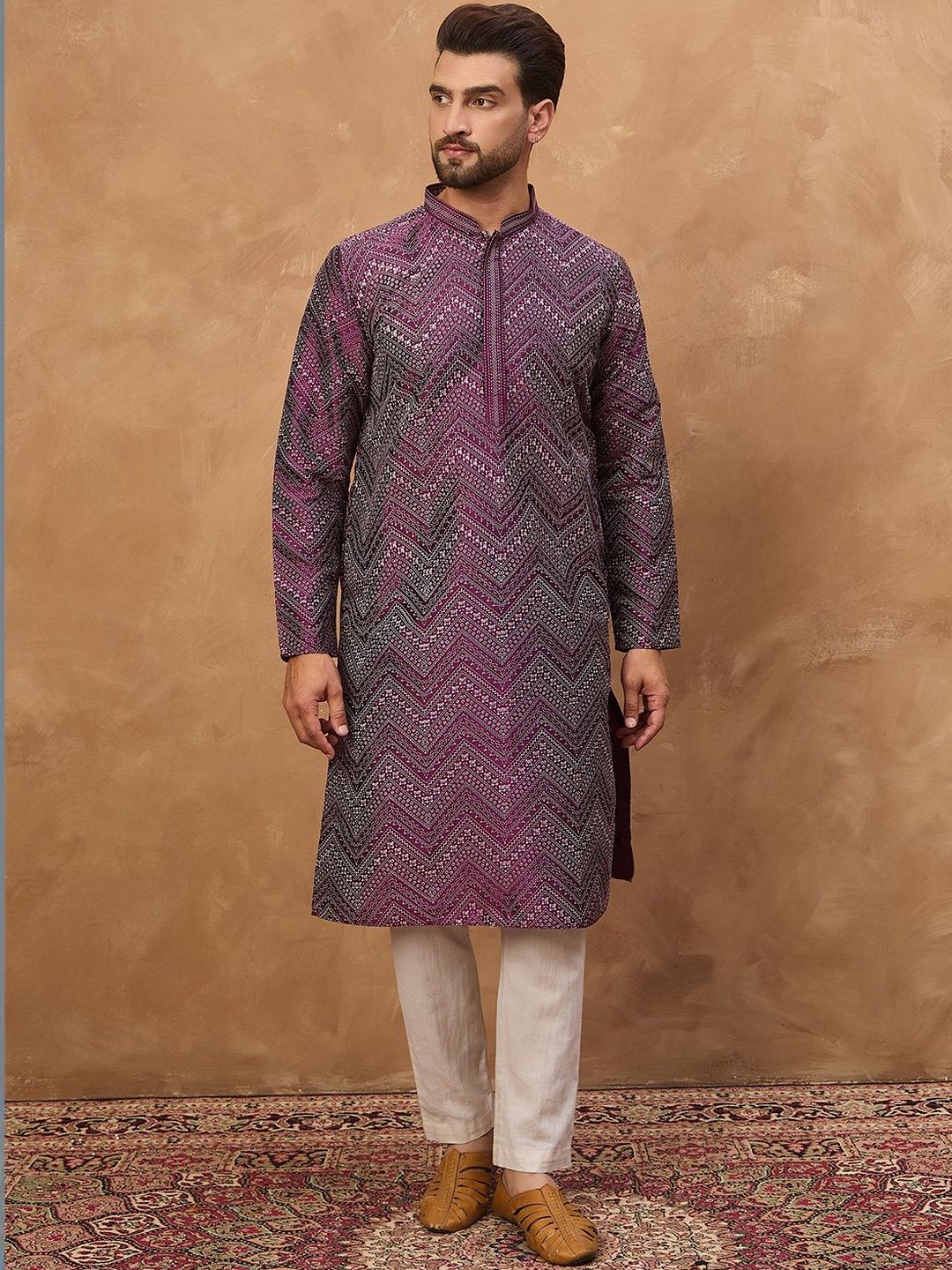 Men Purple Silk Blend Geometric Printed Straight Kurta With Pant Set-MKSET1521