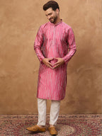 Men Pink Silk Blend Geometric Printed Straight Kurta With Pant Set-MKSET1533