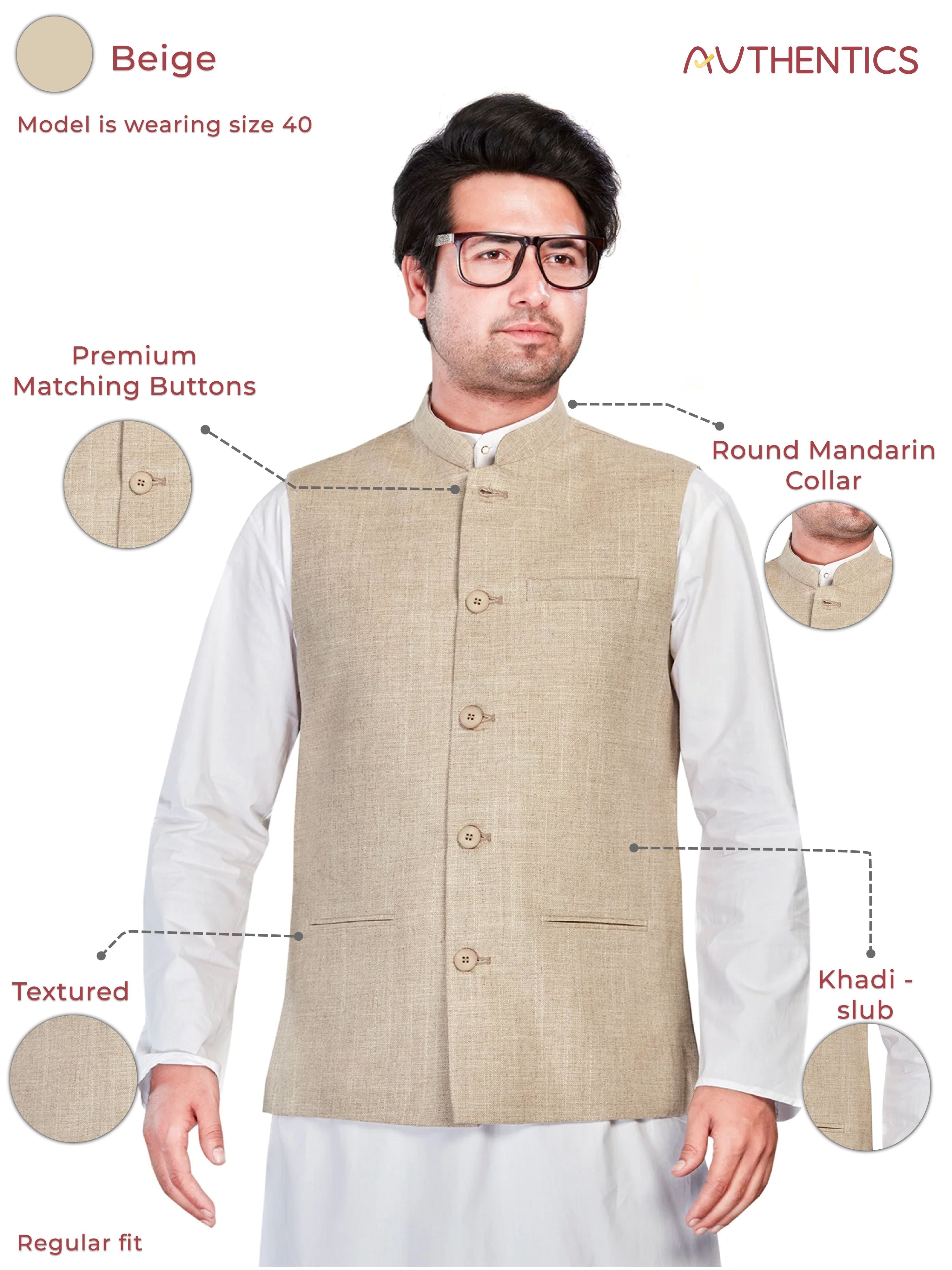beige Cotton Solid Indian Wear Nehru Jacket | DesiQlo 2