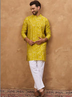 Men Yellow Viscose Rayon Ethnic Motifs Printed Straight Kurta With Pant Set-MKSET1542