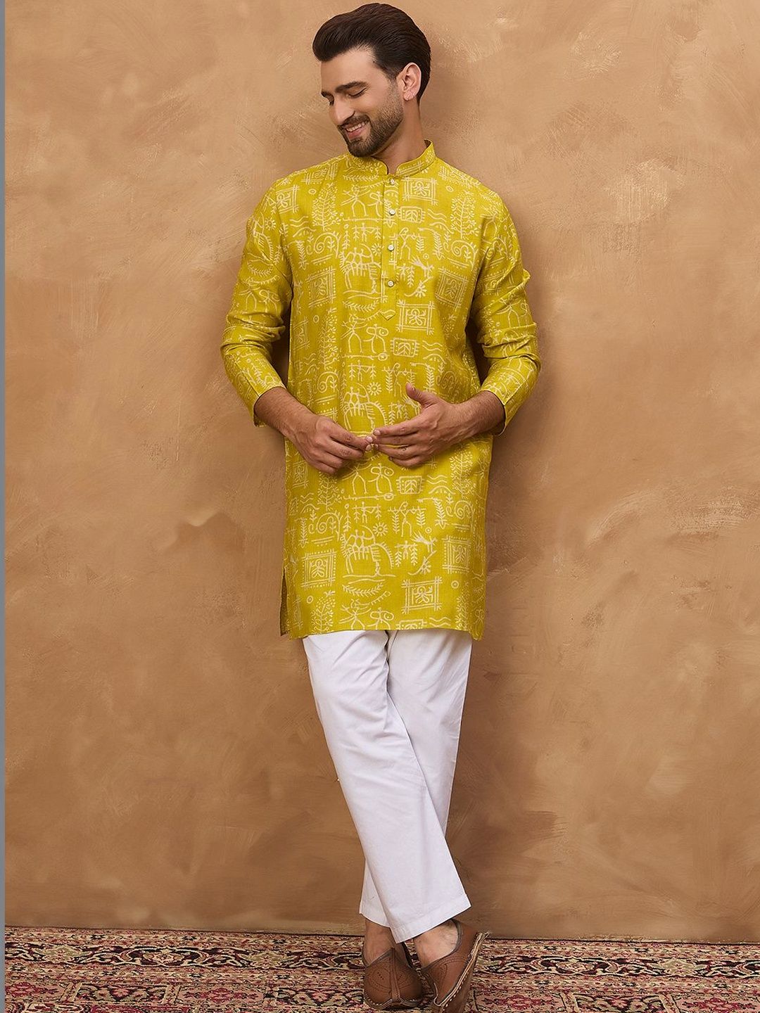 Men Yellow Viscose Rayon Ethnic Motifs Printed Straight Kurta With Pant Set-MKSET1542