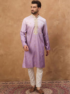 Men Purple Silk Blend Solid Embroidered Straight Kurta With Pant Set-MKSET1487