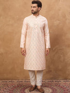 Men Peach Silk Blend Solid Embroidered Straight Kurta With Pant Set-MKSET1431