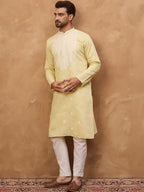 Men Yellow Silk Blend Solid Embroidered Straight Kurta With Pant Set-MKSET1509