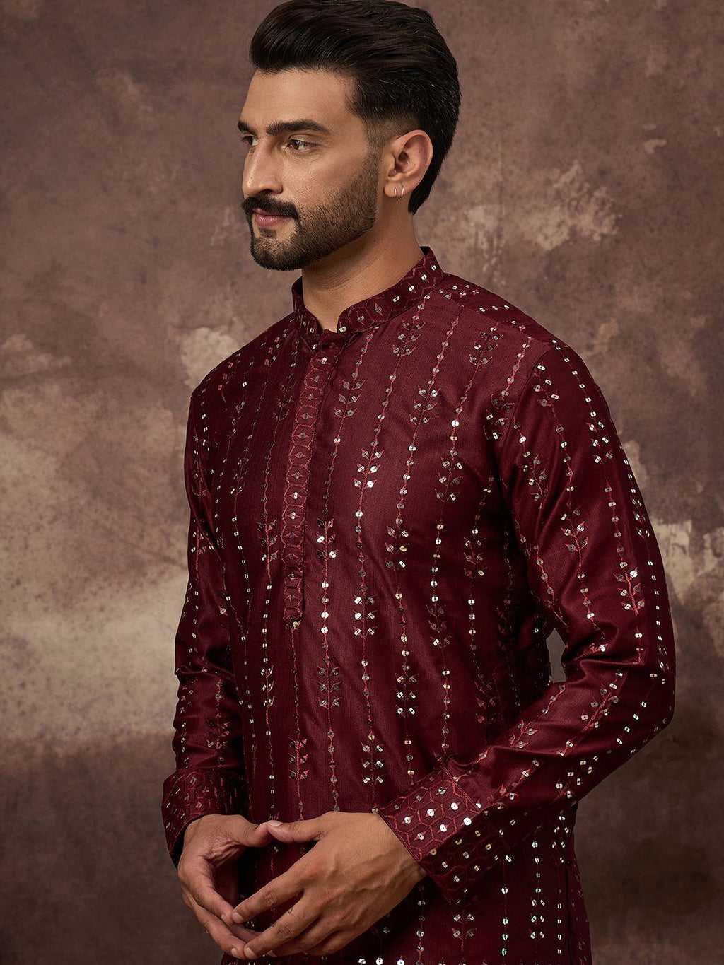Men Maroon Silk Blend Solid Embroidered Straight Kurta With Pant Set-MKSET1361