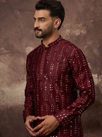 Men Maroon Silk Blend Solid Embroidered Straight Kurta With Pant Set-MKSET1361
