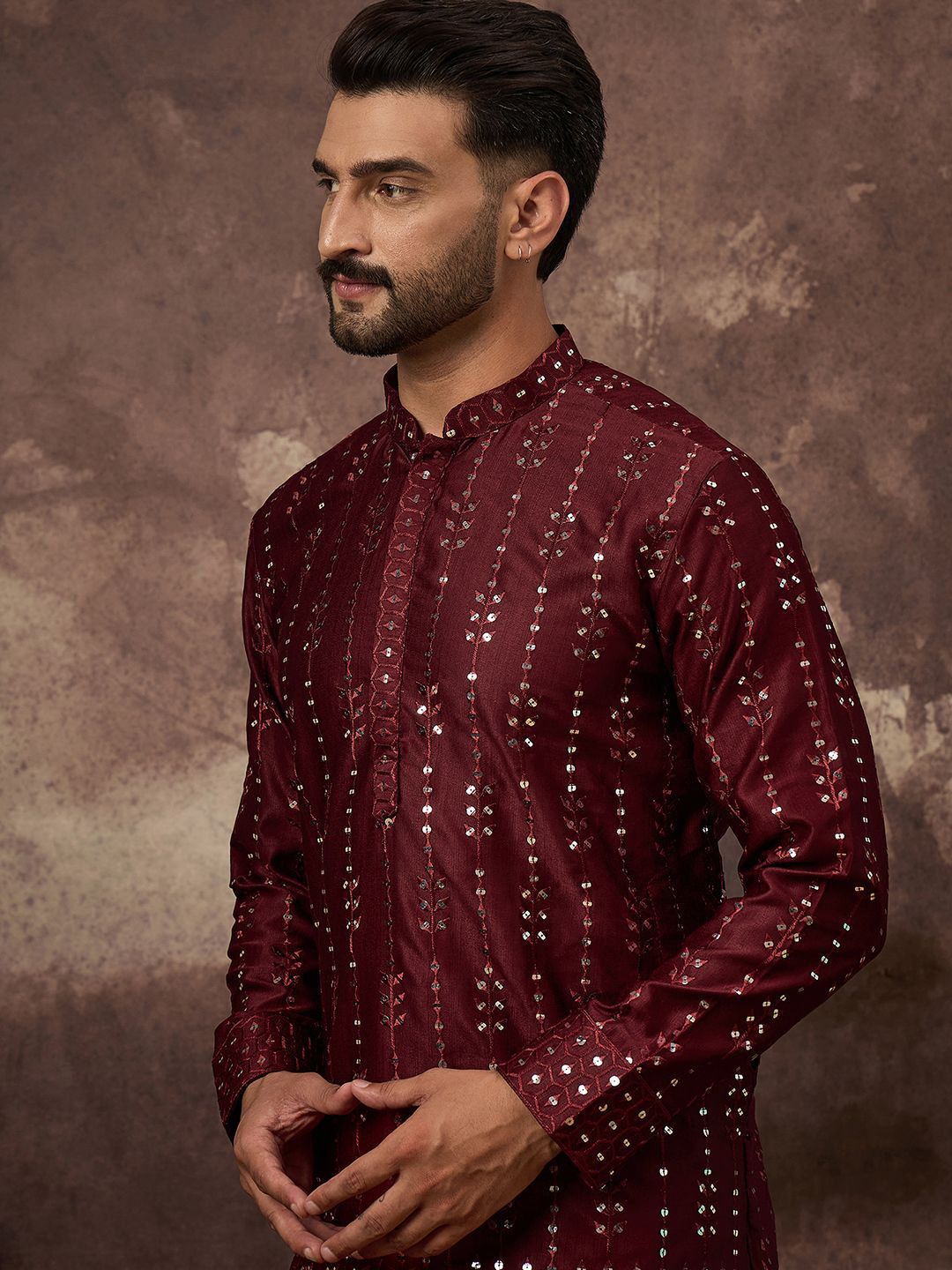 Men Maroon Silk Blend Solid Embroidered Straight Kurta With Pant Set-MKSET1361