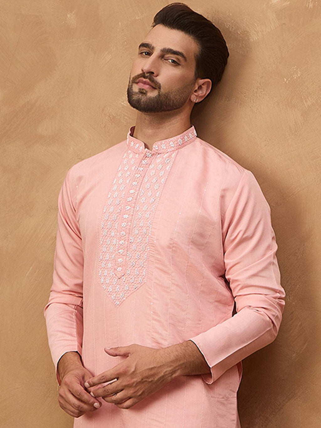 Men Peach Silk Blend Solid Solid Straight Kurta With Pant Set-MKSET1506
