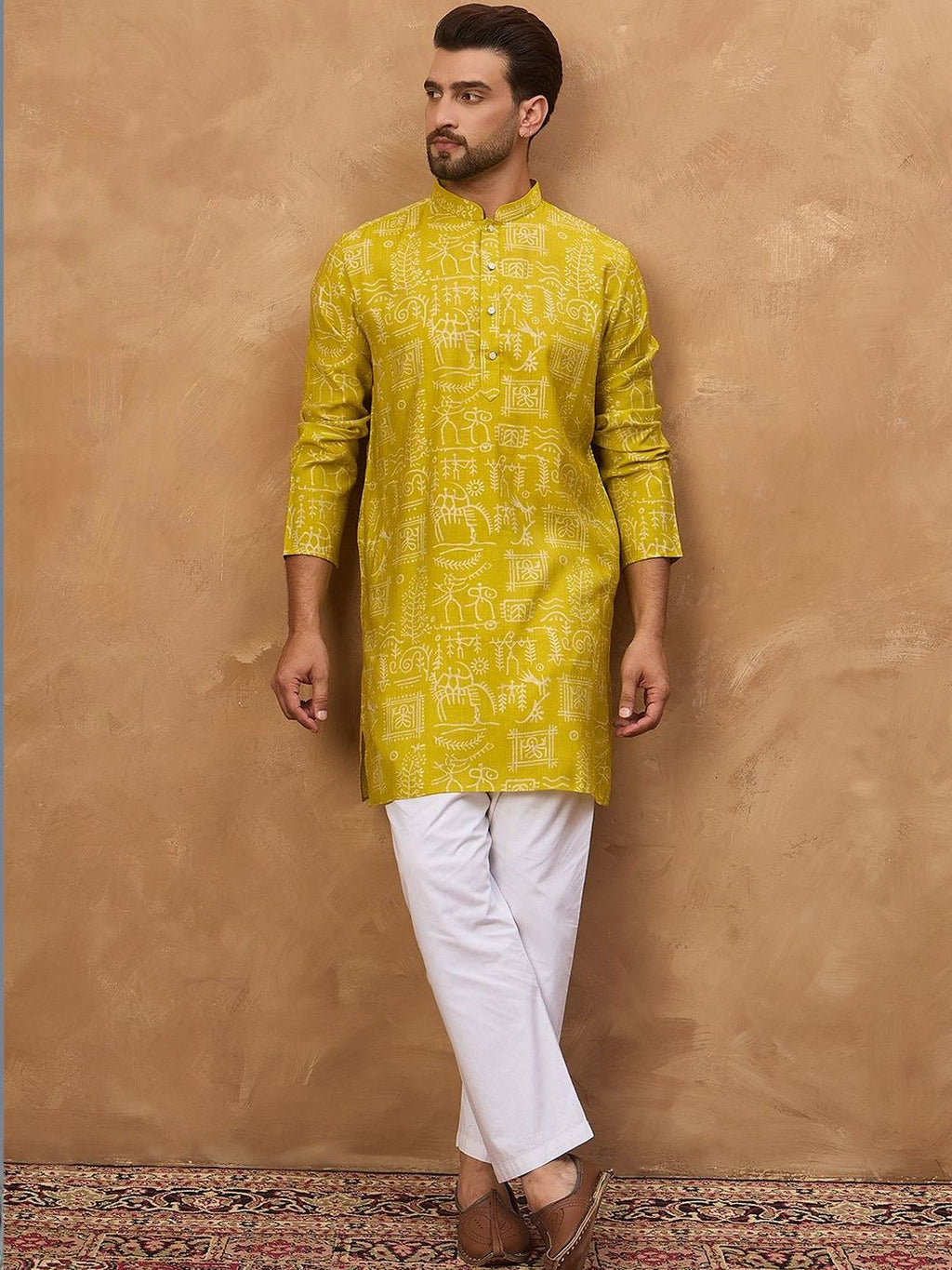 Men Yellow Viscose Rayon Ethnic Motifs Printed Straight Kurta With Pant Set-MKSET1542