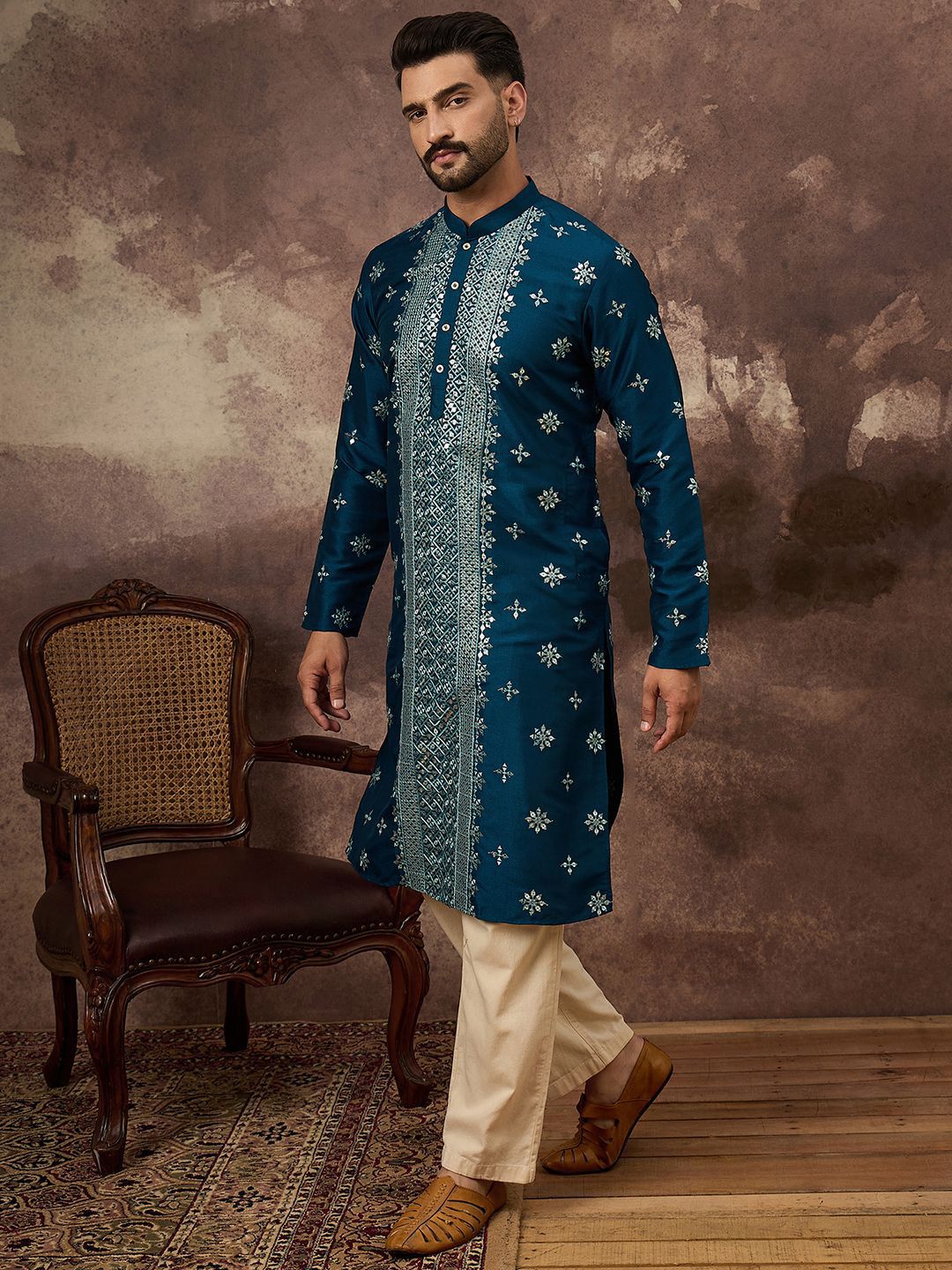Men Blue Silk Blend Solid Embroidered Straight Kurta With Pant Set-MKSET1371