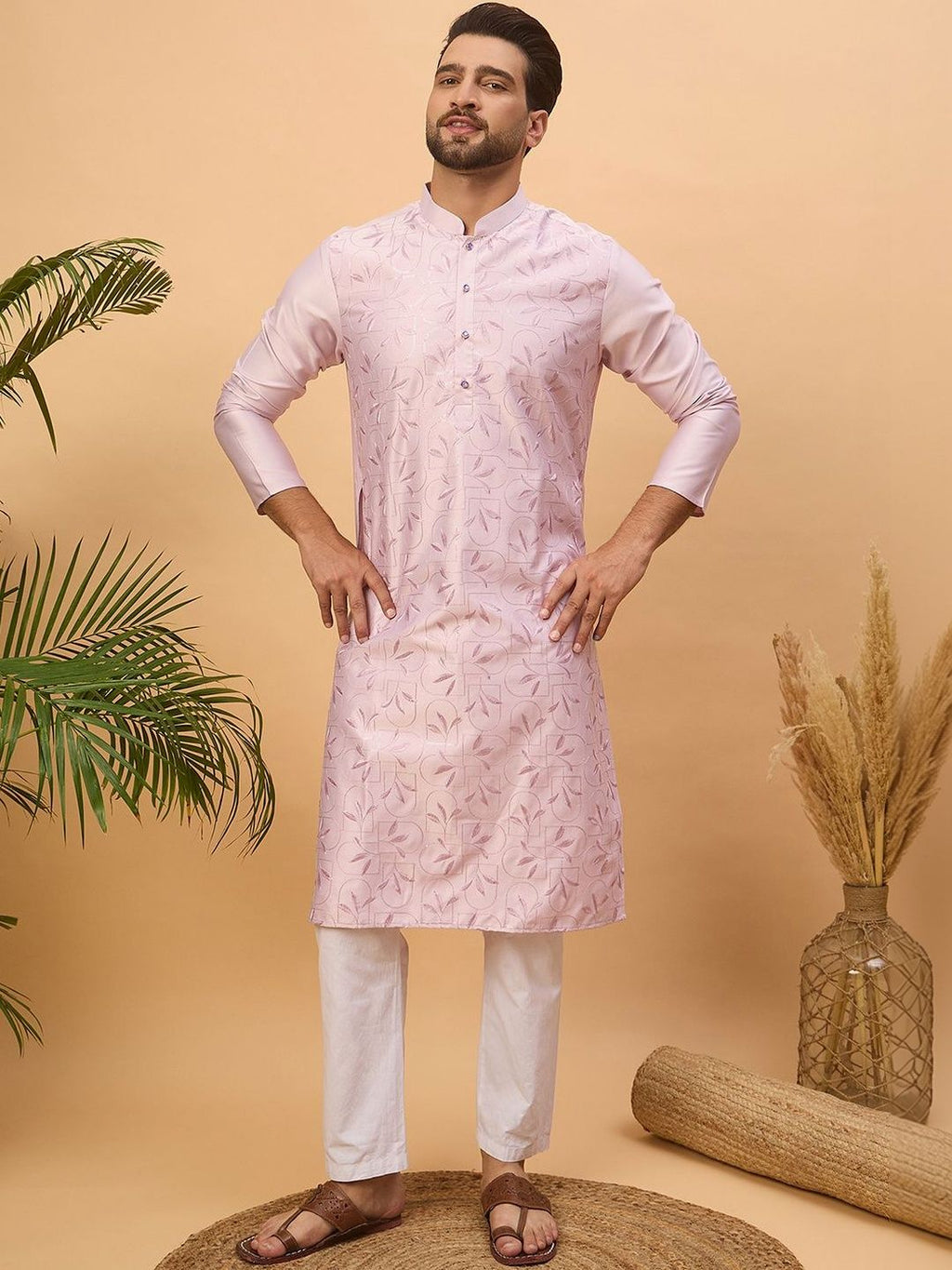 Men Lavender Silk Blend Solid Embroidered Straight Kurta With Pant Set-MKSET1447
