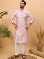 Men Lavender Silk Blend Solid Embroidered Straight Kurta With Pant Set-MKSET1447