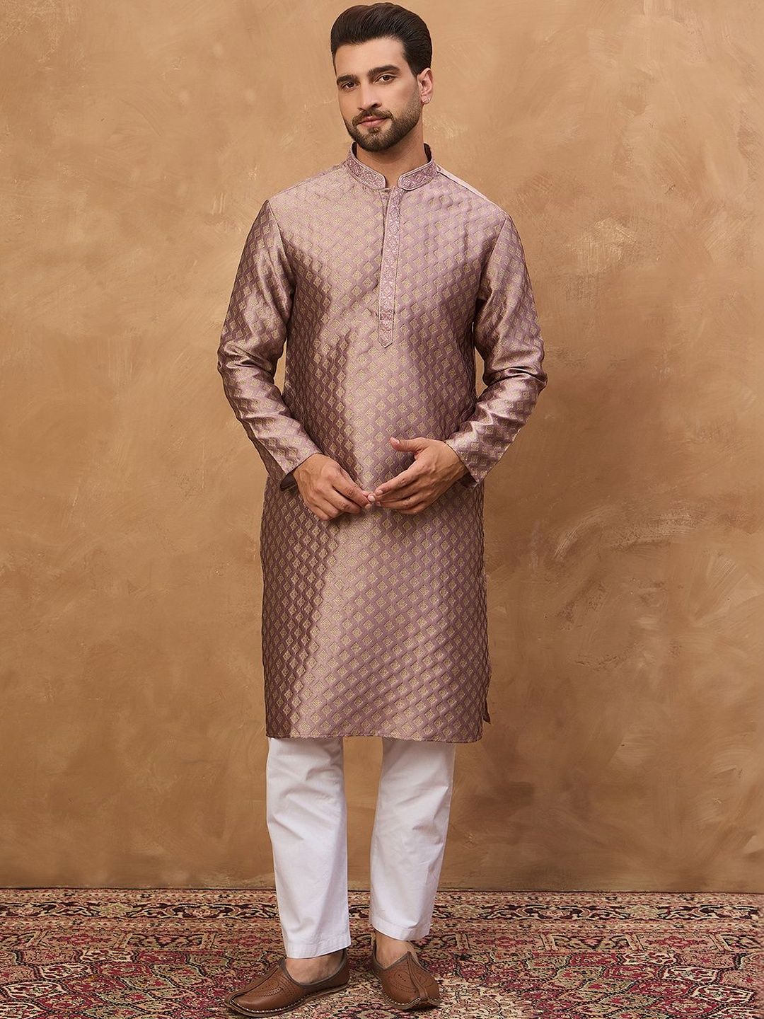 Men Mauve Silk Blend Solid Woven Design Straight Kurta With Pant Set-MKSET1458