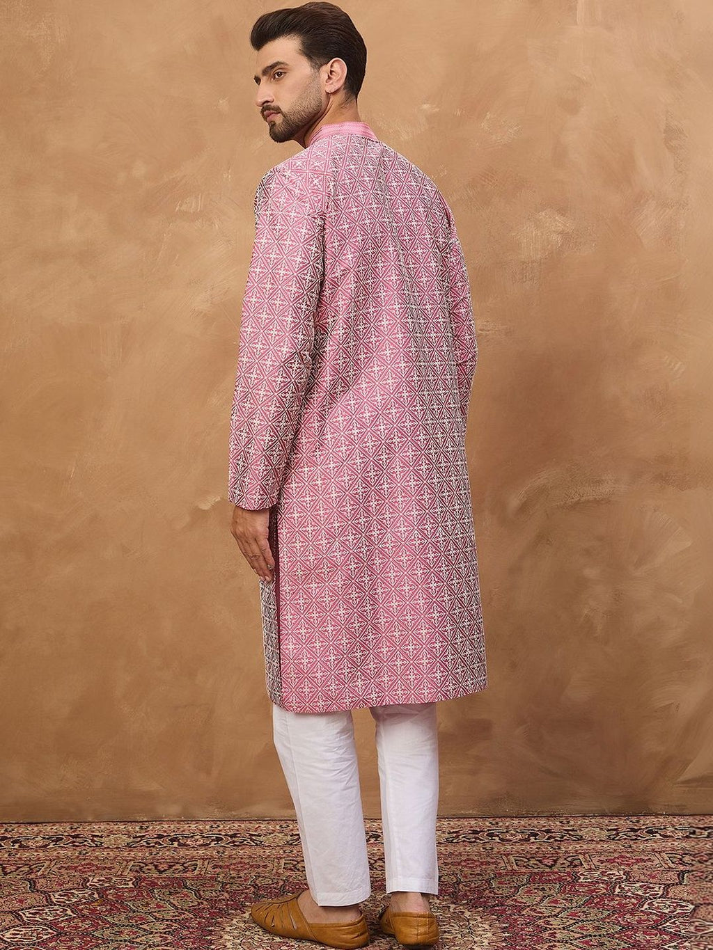 Men Pink Silk Blend Ethnic Motifs Printed Straight Kurta With Pant Set-MKSET1525