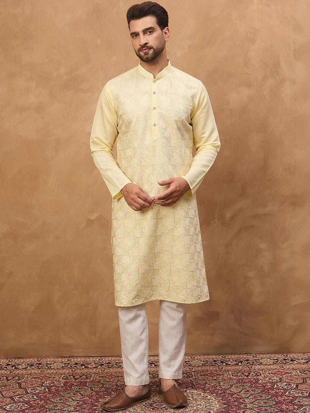 Men Yellow Silk Blend Solid Embroidered Straight Kurta With Pant Set-MKSET1467