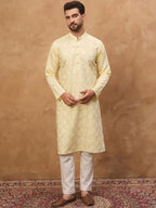 Men Yellow Silk Blend Solid Embroidered Straight Kurta With Pant Set-MKSET1467
