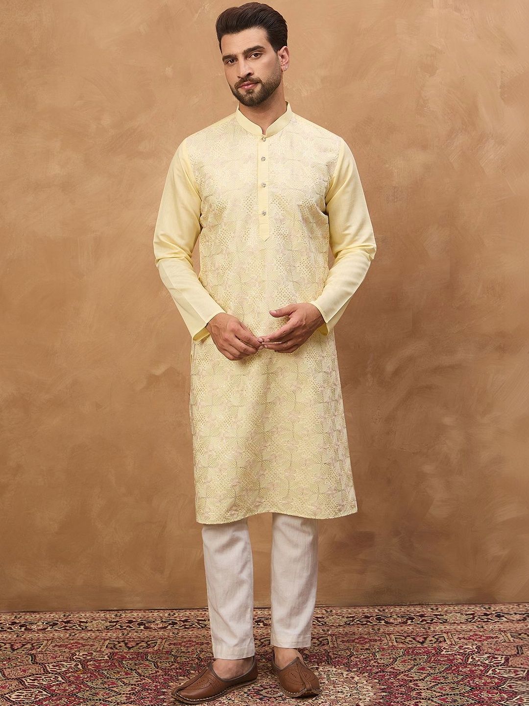 Men Yellow Silk Blend Solid Embroidered Straight Kurta With Pant Set-MKSET1467