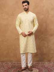Men Yellow Silk Blend Solid Embroidered Straight Kurta With Pant Set-MKSET1467