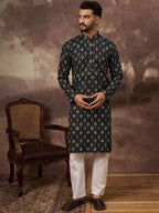 Men Black Viscose Rayon Geometric Embroidered Straight Kurta With Pant Set-MKSET1403