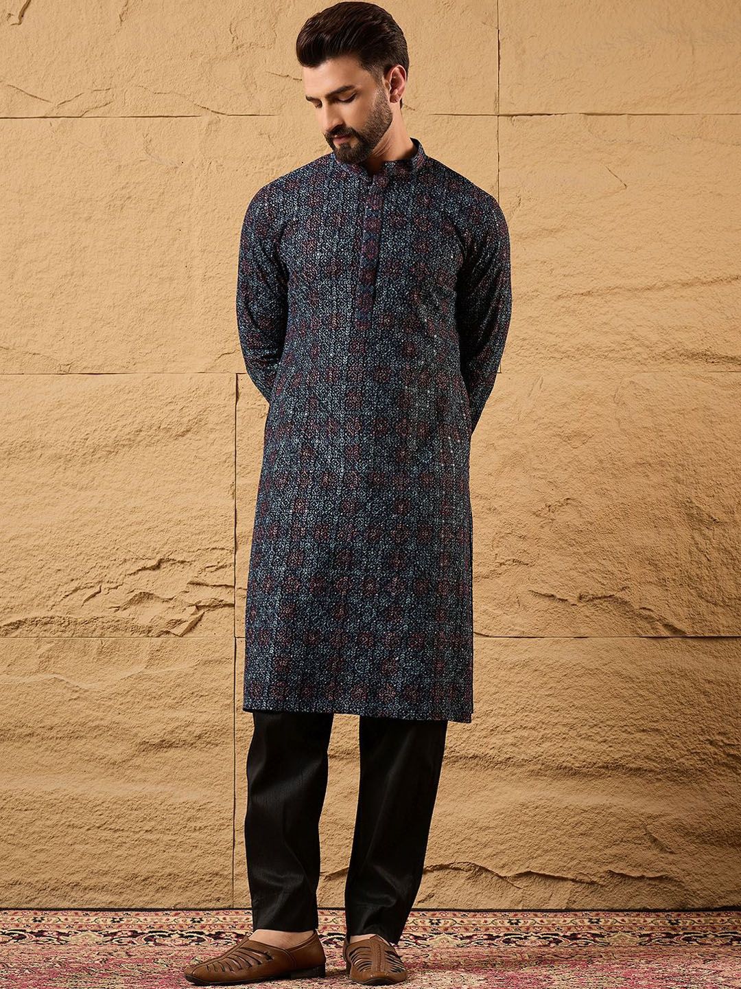 Mens Blue Viscose Rayon Abstract Embroidered Chikankari Straight Kurta With Pant Set-MKSET1172