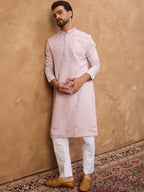 Men Lavender Silk Blend Solid Embroidered Straight Kurta With Pant Set-MKSET1449