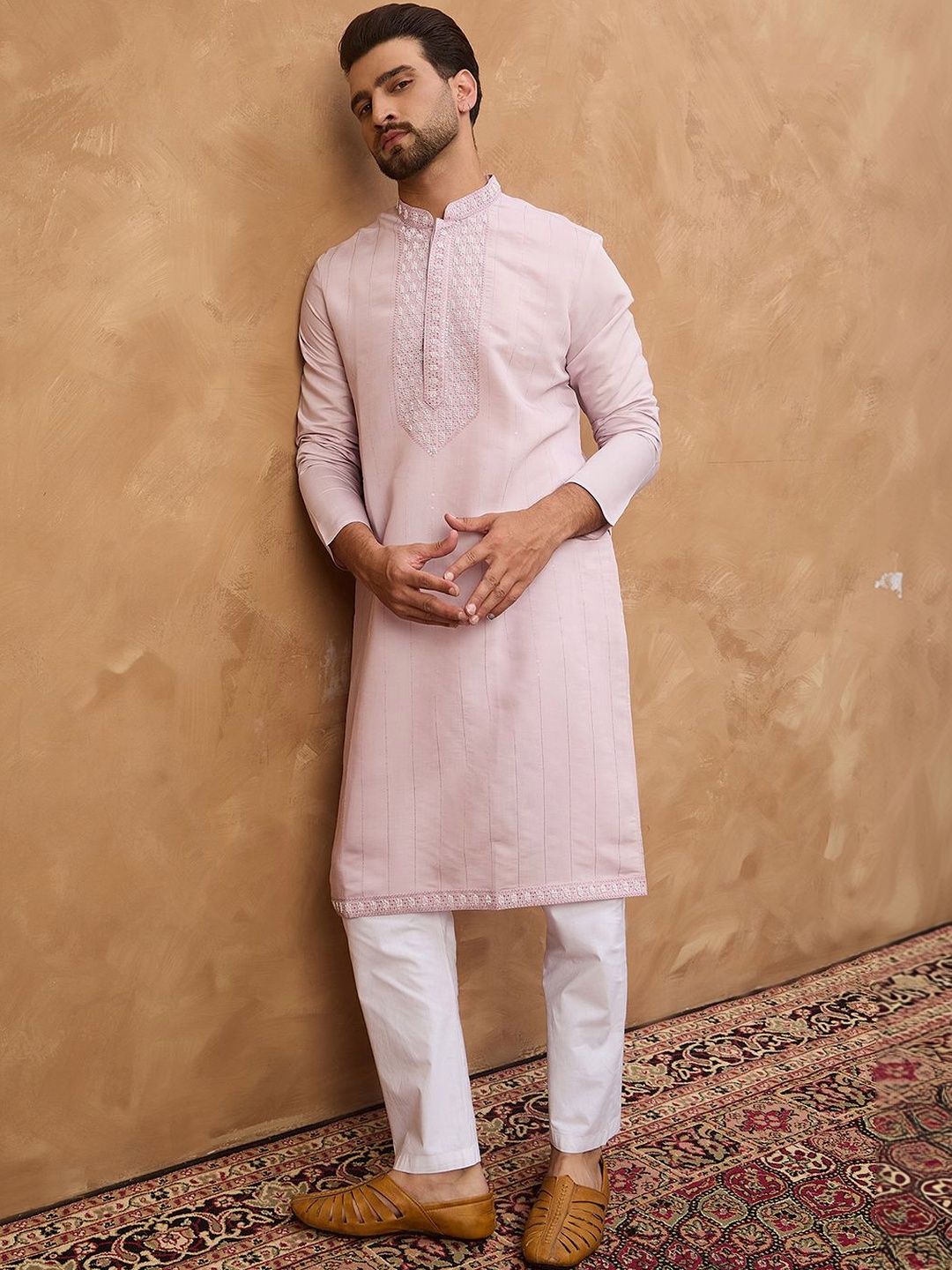 Men Lavender Silk Blend Solid Embroidered Straight Kurta With Pant Set-MKSET1449