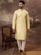 Men Yellow Silk Blend Solid Embroidered Straight Kurta With Pant Set-MKSET1383