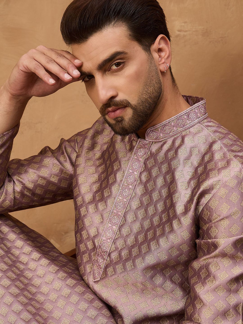 Men Mauve Silk Blend Solid Woven Design Straight Kurta With Pant Set-MKSET1458