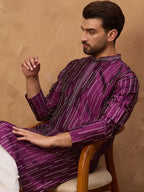 Men Purple Silk Blend Geometric Printed Straight Kurta With Pant Set-MKSET1518