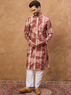 Men Brown Silk Blend Shibori Embroidered Straight Kurta With Pant Set-MKSET1539