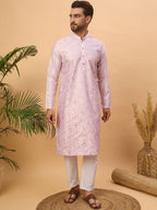 Men Lavender Silk Blend Solid Embroidered Straight Kurta With Pant Set-MKSET1447