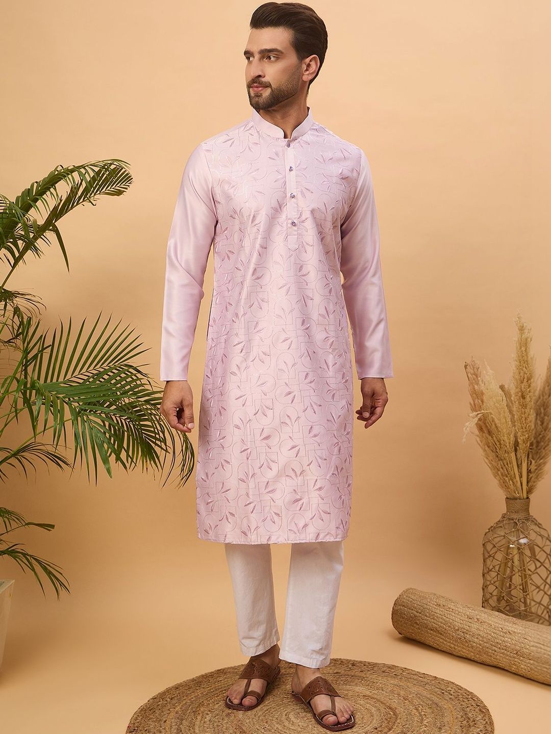 Men Lavender Silk Blend Solid Embroidered Straight Kurta With Pant Set-MKSET1447
