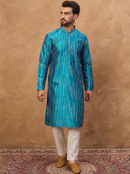 Men Blue Silk Blend Geometric Printed Straight Kurta With Pant Set-MKSET1519