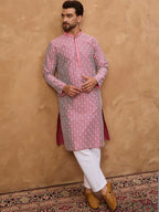 Men Pink Silk Blend Ethnic Motifs Printed Straight Kurta With Pant Set-MKSET1525
