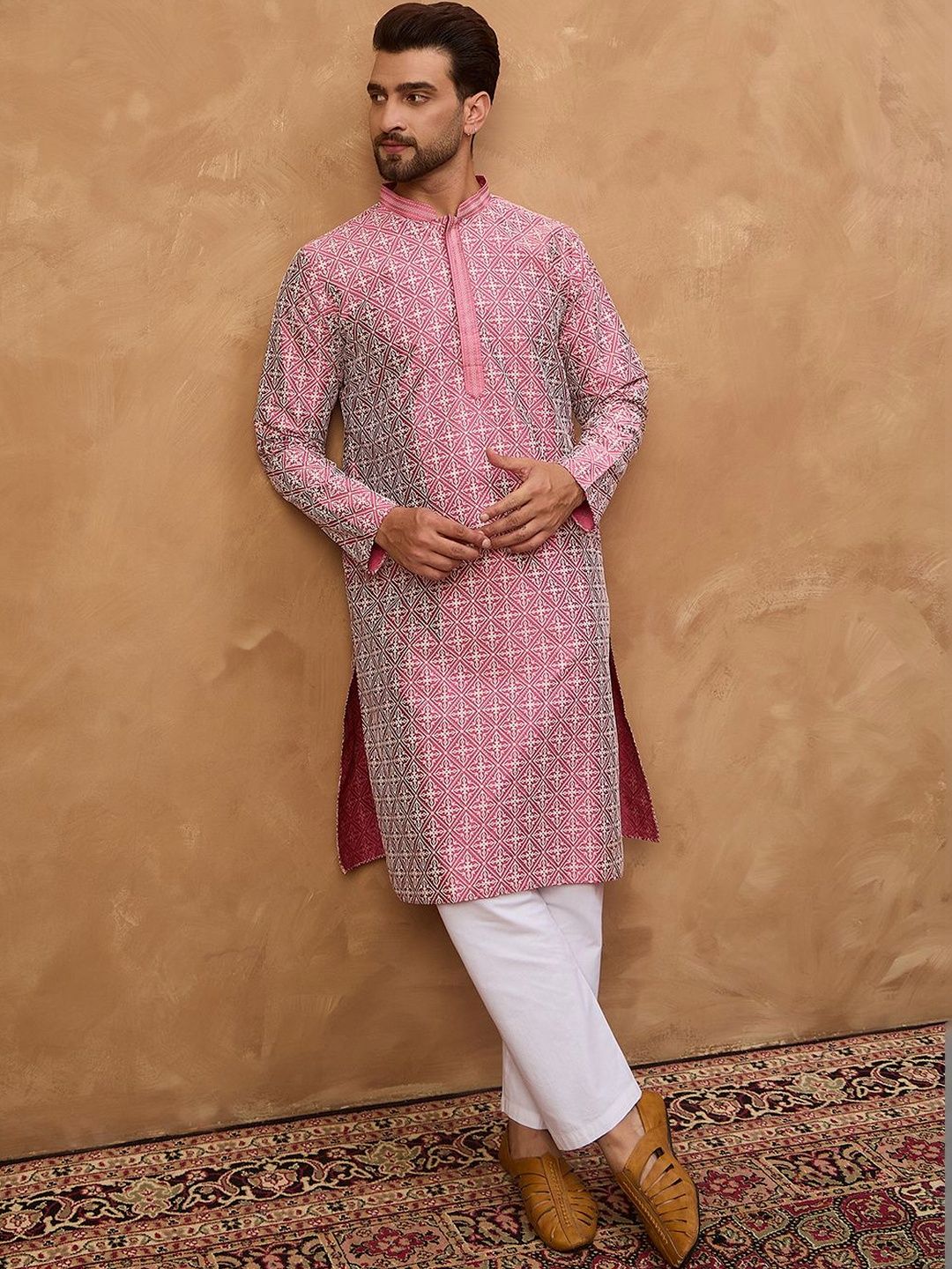 Men Pink Silk Blend Ethnic Motifs Printed Straight Kurta With Pant Set-MKSET1525