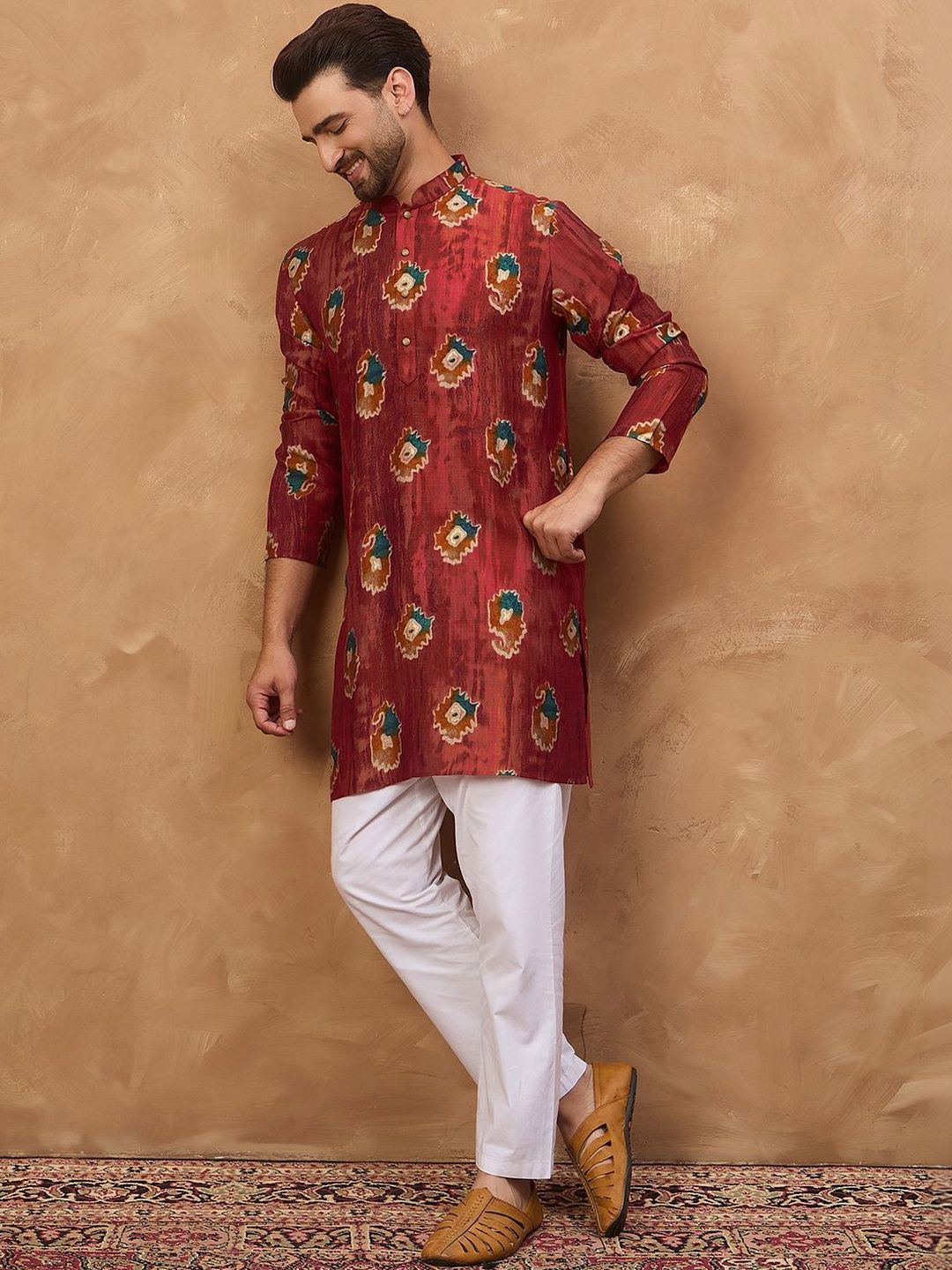 Men Red Viscose Rayon Ethnic Motifs Printed Straight Kurta With Pant Set-MKSET1544