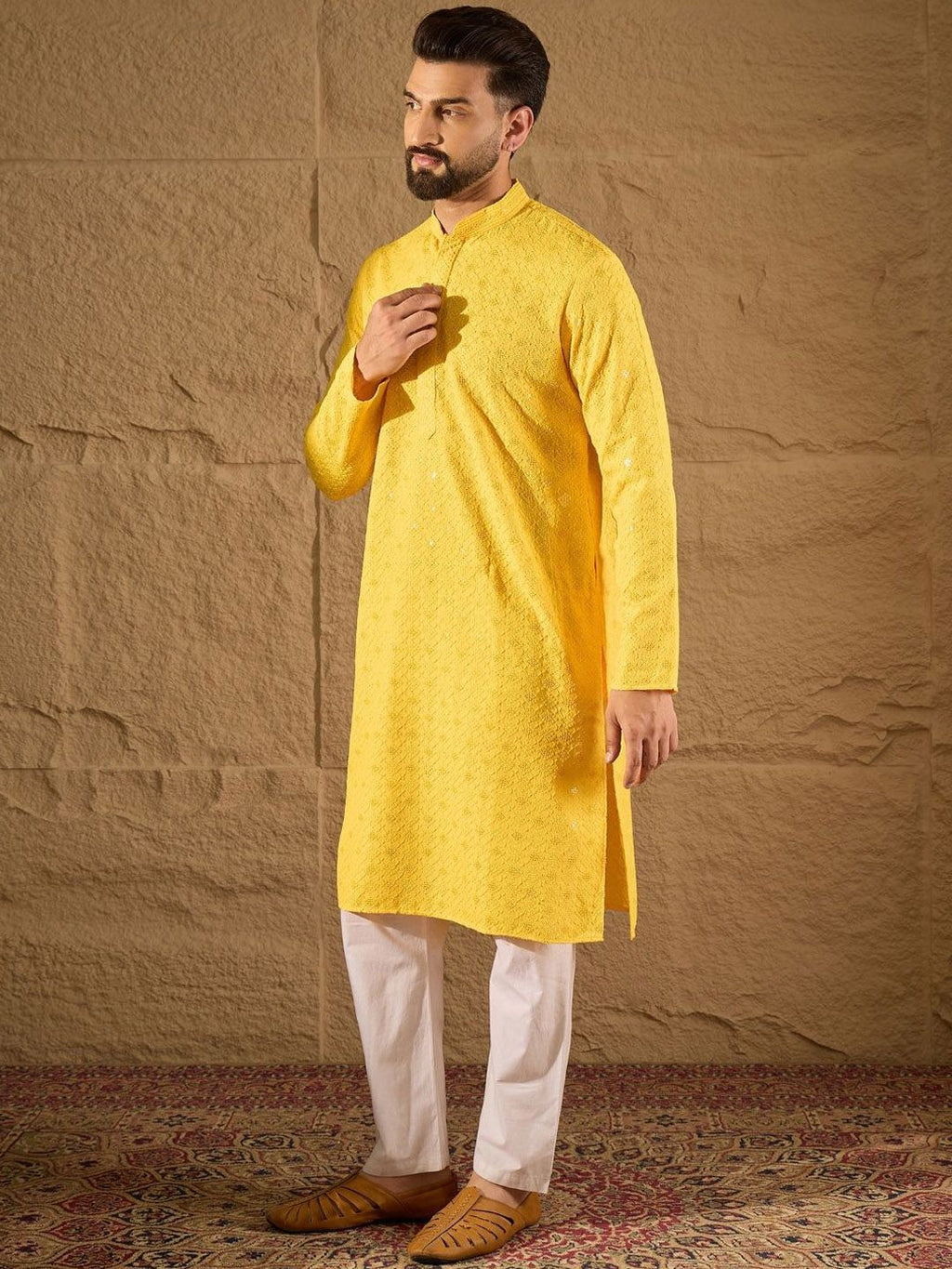 Men Yellow Viscose Rayon Solid Embroidered Straight Kurta With Pant Set-MKSET1212