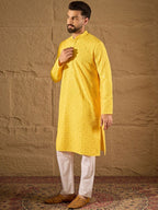 Men Yellow Viscose Rayon Solid Embroidered Straight Kurta With Pant Set-MKSET1212